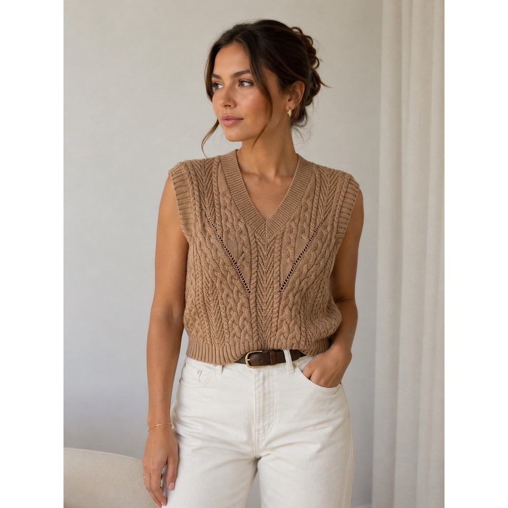 MNG Cable Knit Sweater Vest Beige‎ V Neck Preppy Academia Minimal Quiet Luxury M